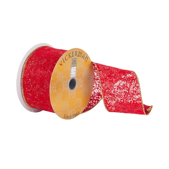 Vickerman 2.5" x 10 yard Red Stamped Watermark Dupion Christmas Ribbon