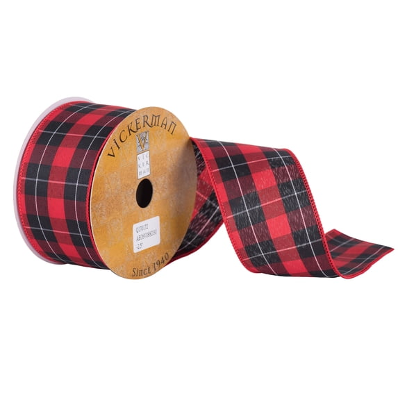 Vickerman 2.5" x 10 Yards Red White Black Plaid Wired Edge Christmas Ribbon