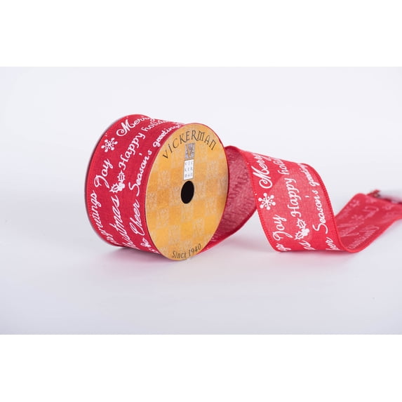 Vickerman 2.5" x 10 yard Red Woven with White Printed Holiday Greetings Wired Edge Ribbon