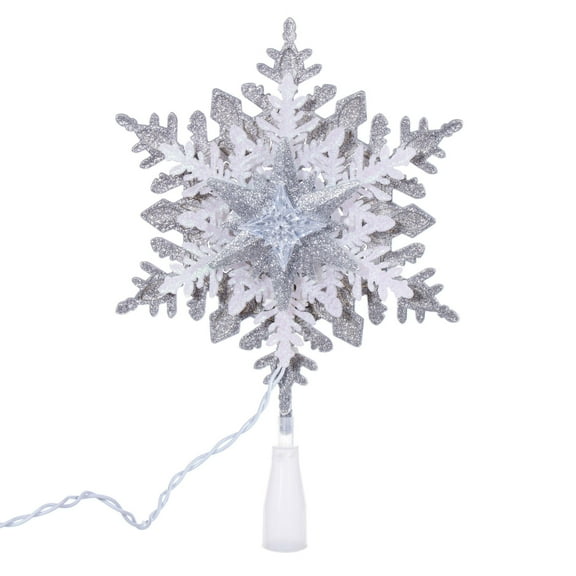 Vickerman 20 Light x 13.5" LED Silver-White Snowflake Tree Top with Warm White LED Mini Lights.