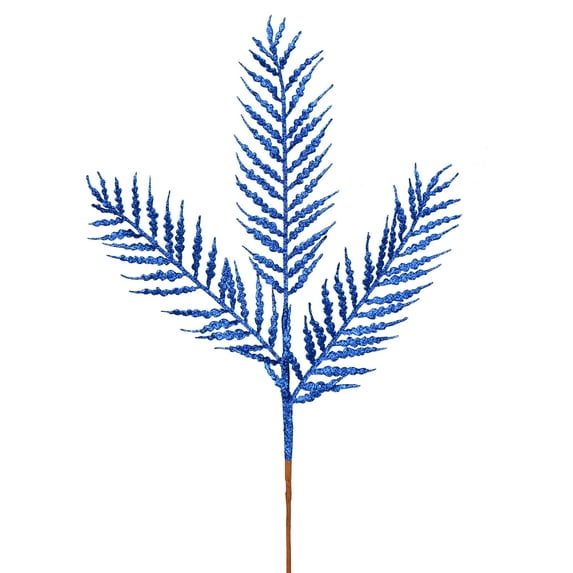 Vickerman 21" Blue Glitter Feather Fern Artificial Christmas Spray. Includes 12 sprays per pack.