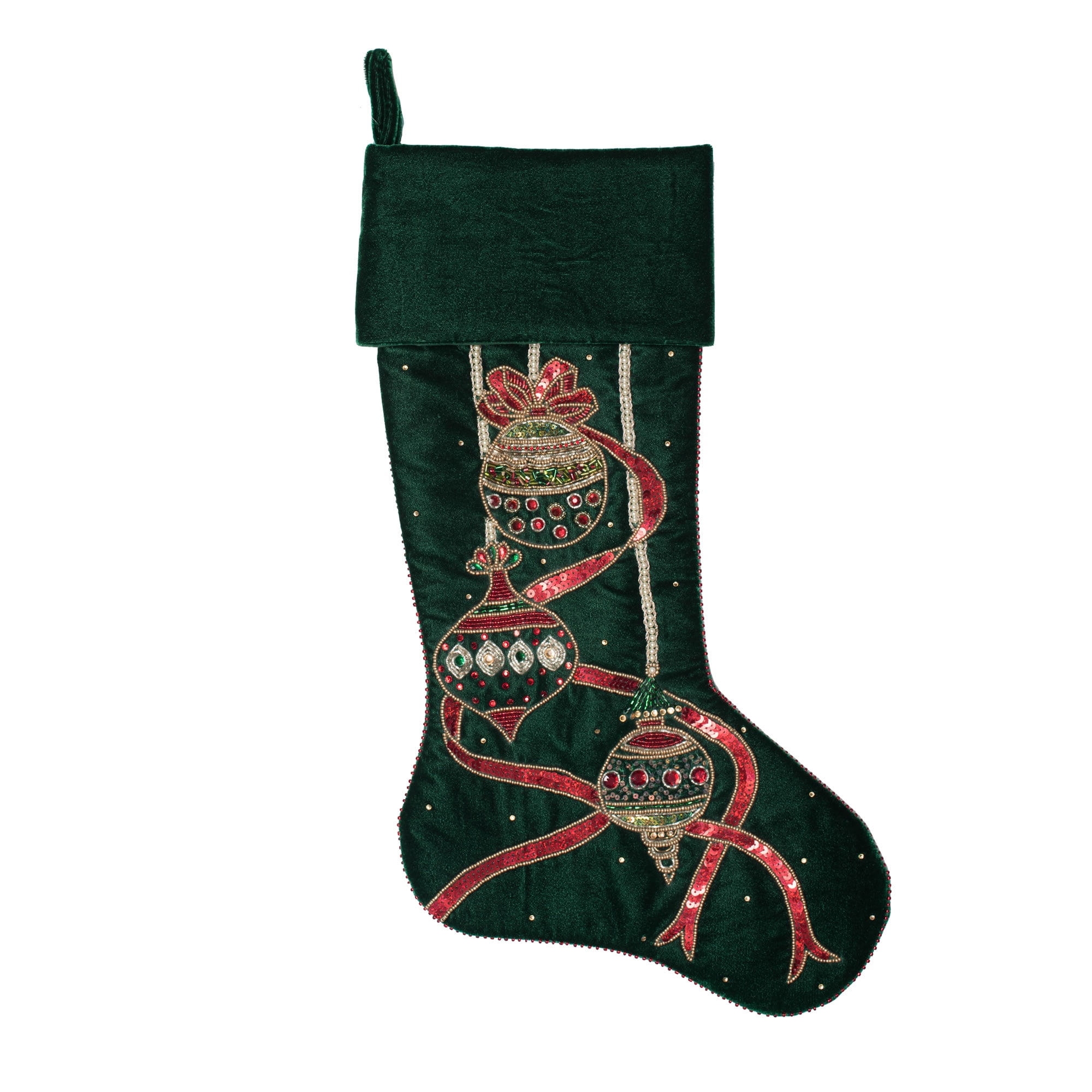 21" Green Velvet Christmas Stocking with Beaded Ornaments