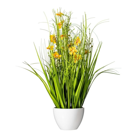 Vickerman 22.5" Artificial Potted Yellow Cosmos and Green Grass.