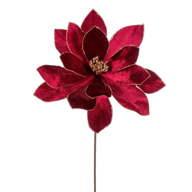 Vickerman 22" Burgundy Velvet Sheen Glitter Trim Poinsettia Stem, 4 per bag.