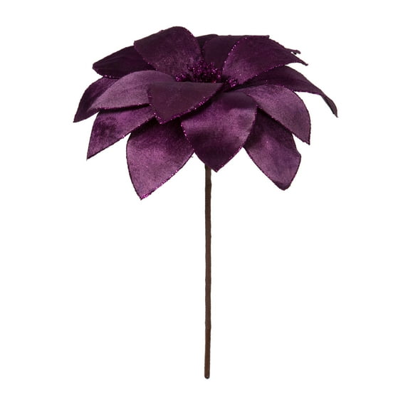 Vickerman 22" Purple Velvet Sheen Glitter Trim Poinsettia Stem, 4 per bag.