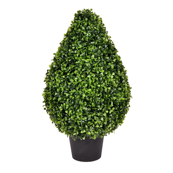 Vickerman 24" Artificial Boxwood Teardrop Shaped Bush, Black Plastic Pot.