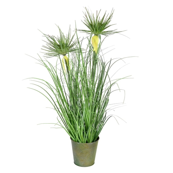 Vickerman 24" Artificial Potted Green Grass and Cyperus Heads.