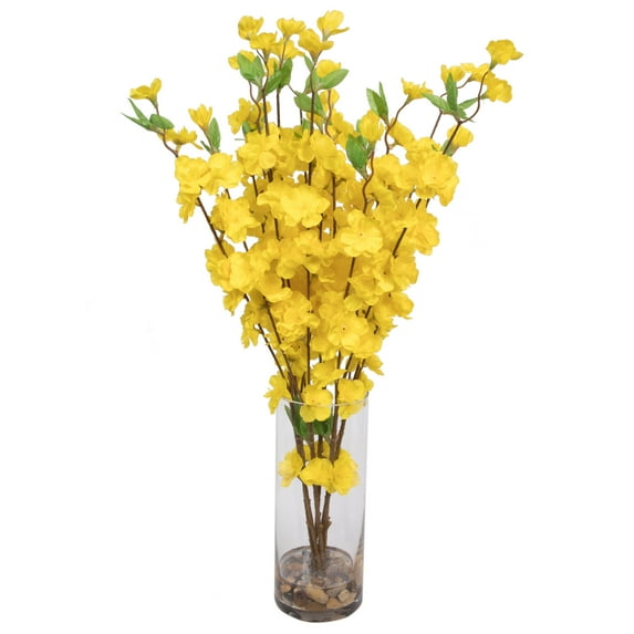 Vickerman 26" Artificial Yellow Peach Blossom Bouquet in Glass Vase