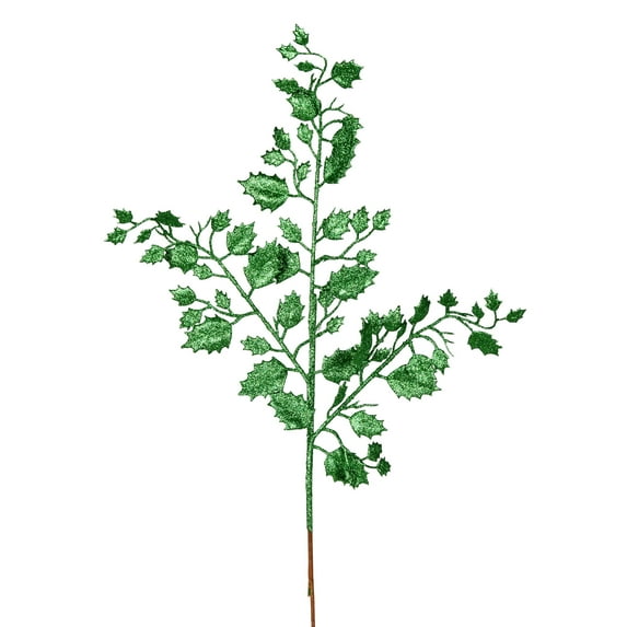 Vickerman 27" Green Glitter Holly Leaf Artificial Christmas Spray. Includes 12 sprays per pack.
