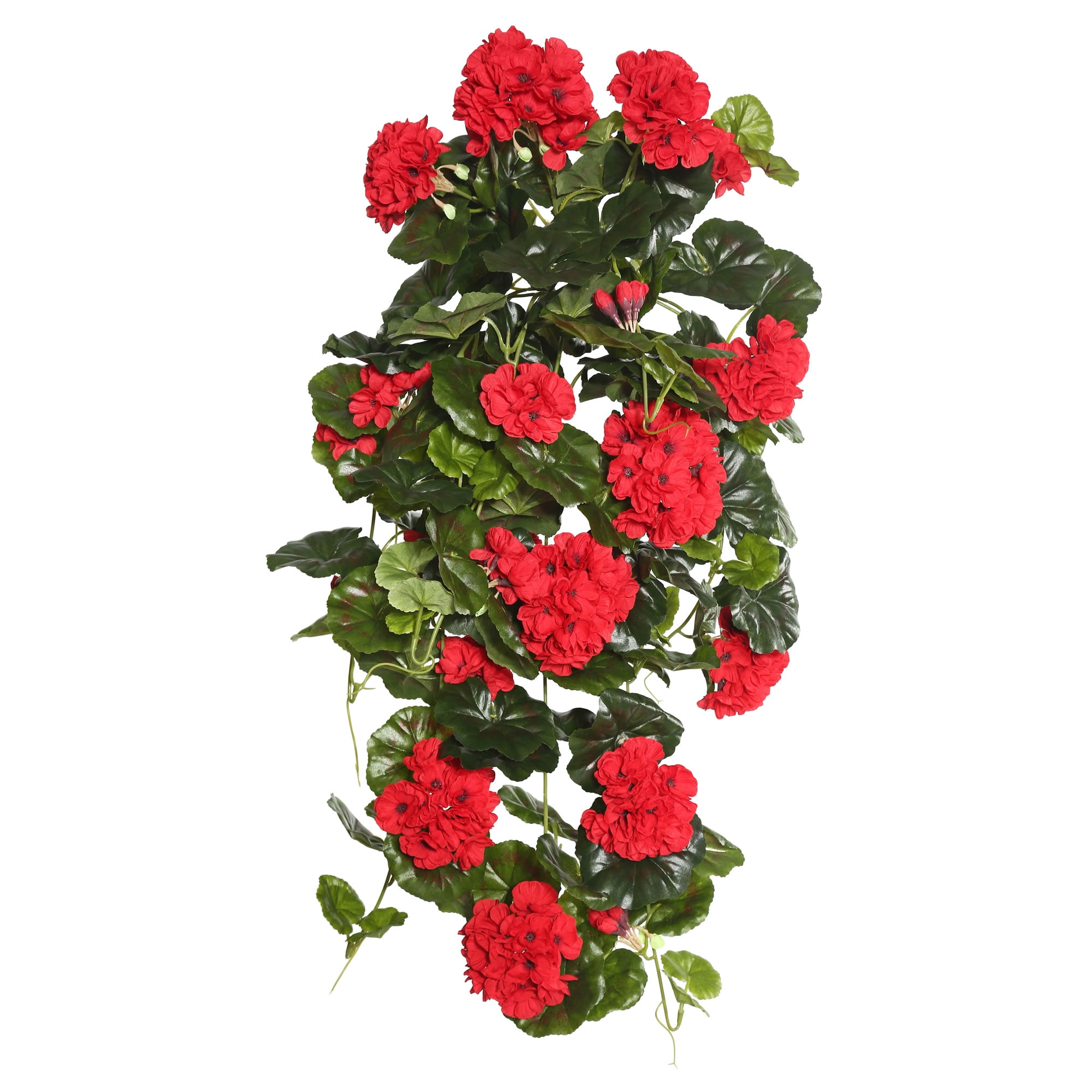 Red Polyester Geranium Hanging Bush with Green Leaves