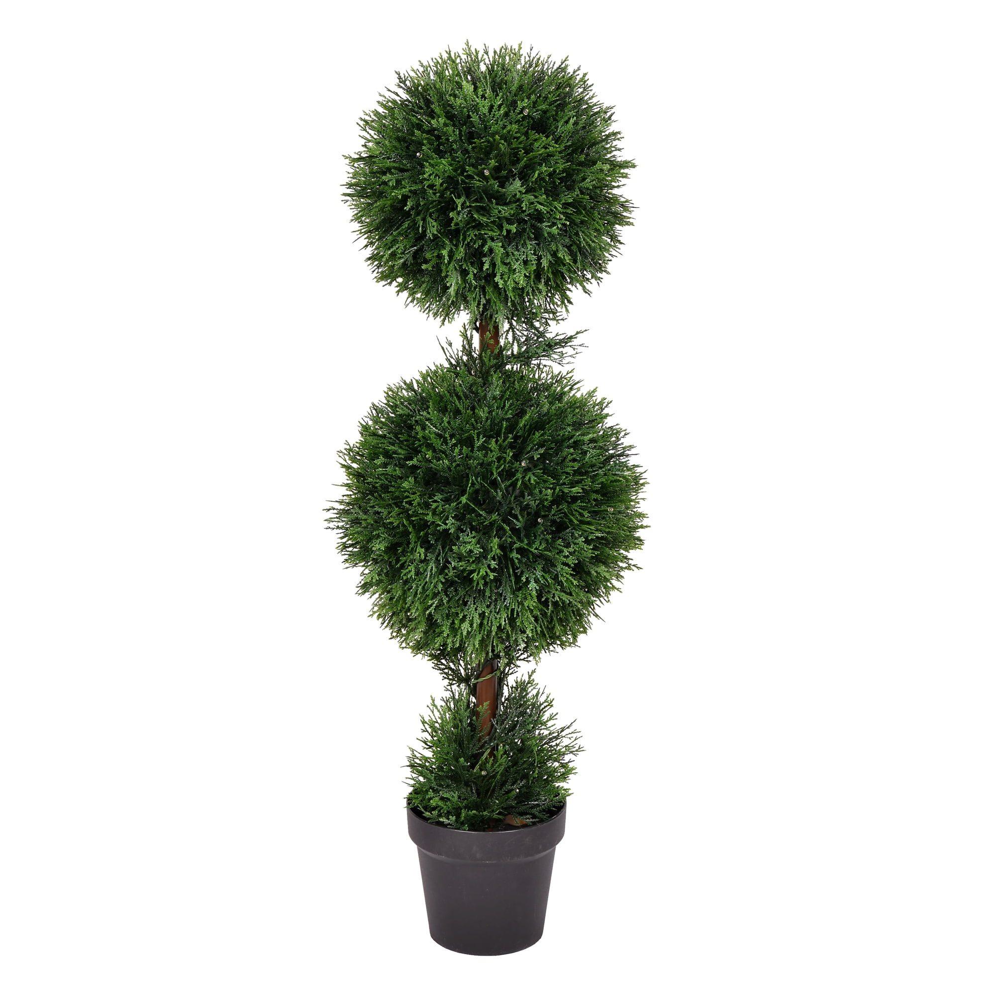 Elegant Outdoor Boxwood Double Ball Topiary with White Lights, 37"x11"