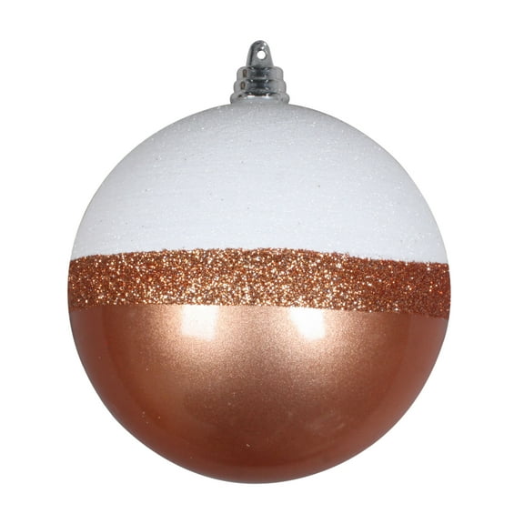 Vickerman 3" Rose Gold Candy/White Glitter Ball 6/Bg. This ornament features a white glitter top, a stripe of rose gold glitter, and a candy finish bottom. Includes 6 pieces per bag. Made of shatterpr