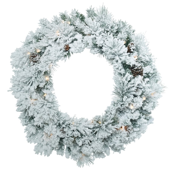 Vickerman 30" Flocked Ashton Pine Artificial Christmas Wreath, Clear Dura-lit Incandescent Mini Lights