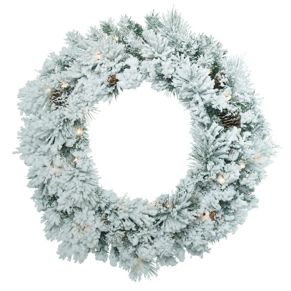 Vickerman 30" Flocked Ashton Pine Artificial Christmas Wreath, Warm White Dura-lit LED Mini Lights