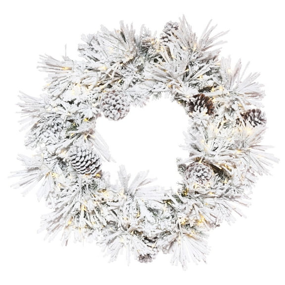 Vickerman 30" Flocked Atka Artificial Christmas Wreath, Warm White LED lights.