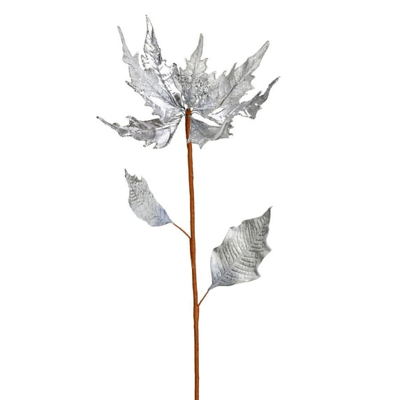Vickerman 32" Silver Glitter poinsettia Artificial Christmas Spray. Includes 2 sprays per pack.