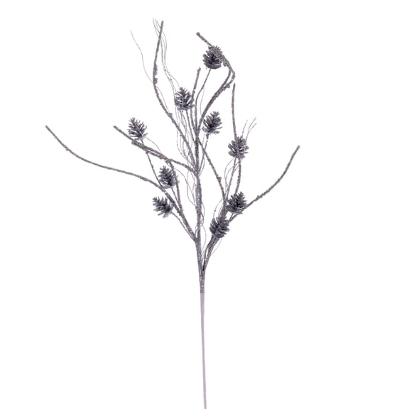 Vickerman 32" Silver Mini Pinecone Twig Glitter Spray, 6 per bag.