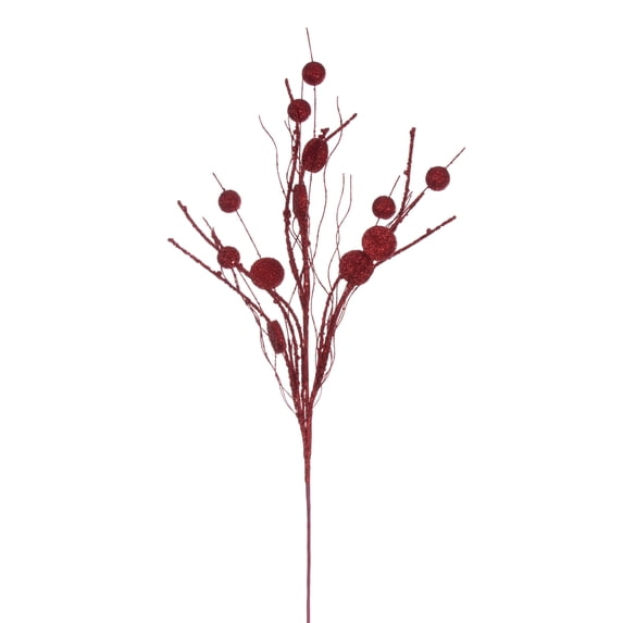 Vickerman 33" Red Ball and Coin Glitter Twig Spray, 6 per bag.
