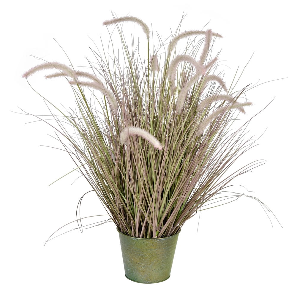 34" Potted Green and White Artificial Grass with Cattails in Iron Pot