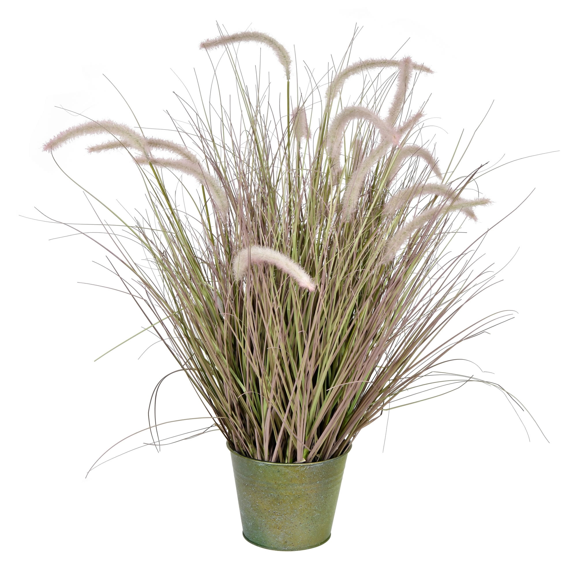 34" Potted Green and White Artificial Grass with Cattails in Iron Pot