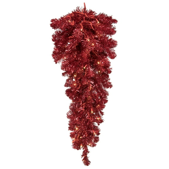 Vickerman 36" Artificial Deluxe Red Tinsel Christmas Teardrop, Warm White Single Mold Wide Angle Mini Lights