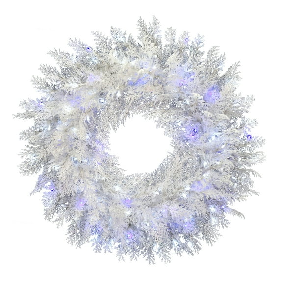 Vickerman 36" Flocked Cedar Pine Artificial Christmas Wreath, Pure White and Blue Low Voltage LED Wide Angle Twinkle Lights.