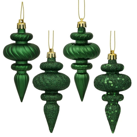 Vickerman 4" 4-Finish Finial Ornament, Shatterproof Plastic Christmas Tree Decoration, 8 Pack, Emerald Shiny, Matte, Glitter and Sequin Finishes