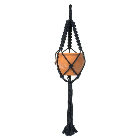 Vickerman 4.5" Terracotta Pot in Black Rope Hanger. This terracotta pot is cradled in a navy blue rope hanger. This pot incorporates great in modern decor. This pot measures 4.5 inches tall and 5.75 i