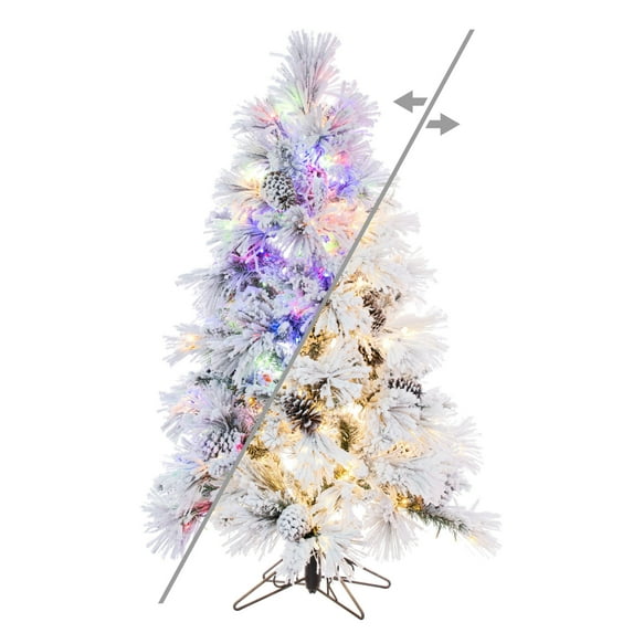 Vickerman 4.5' x 30" Flocked Atka Pine Artificial Christmas Tree, 3mm LED Color Changing Lights