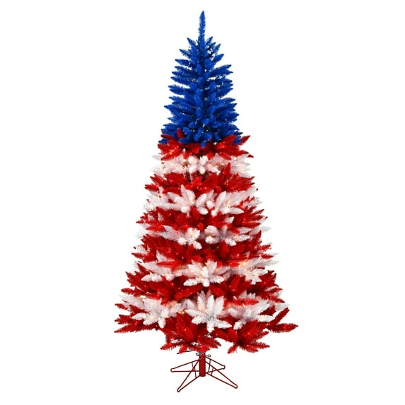 Vickerman 4.5' x 35" Centennial Pine Artificial Christmas Tree, Red, Clear, and Blue Mini Lights