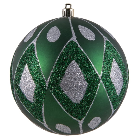 Vickerman 4.75" Emerald Matte Ball with Glitter Diamond Pattern. Add variety and sparkle to your holiday arrangement with this matte ornament that features a glitter pattern. Includes 4 pieces per bag