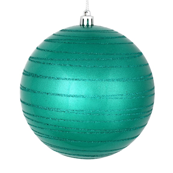 Vickerman 4.75" Teal Candy Finish Ball Ornament with Glitter Lines, 4 per Bag