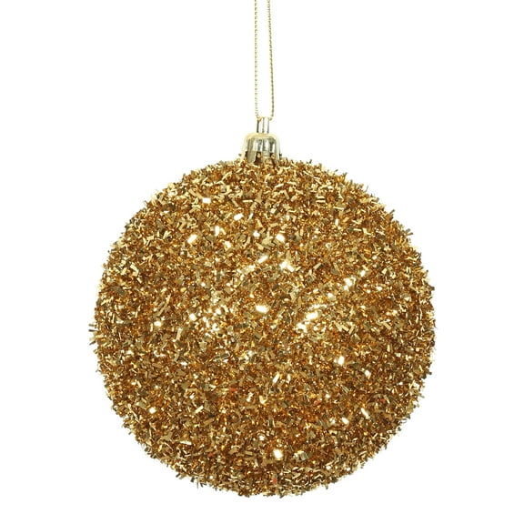Vickerman 4" Antique Gold Tinsel Ball Ornament, 4 per Bag