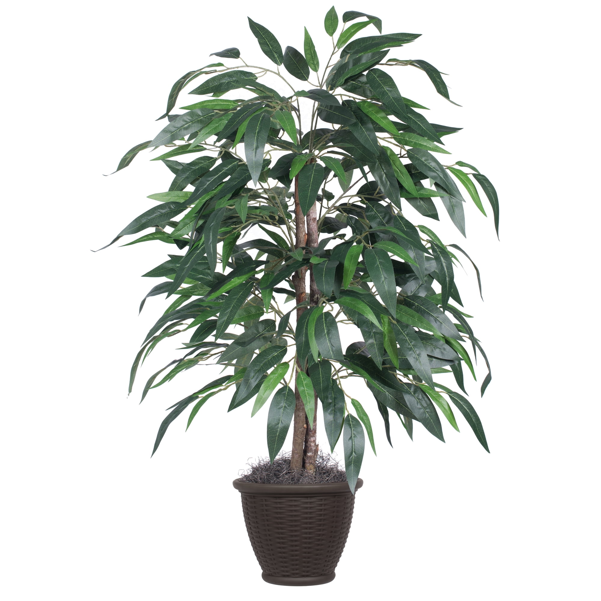 4' Green Silk Artificial Mango Bush in Round Brown Plastic Pot