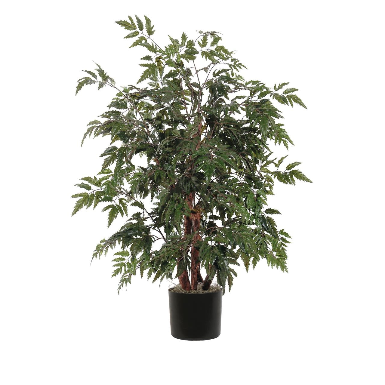 Ming Aralia Silk Artificial Flora in Round Brown Rattan Basket, 4ft