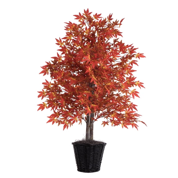 Vickerman 4' Artificial Orange Maple Bush, Rattan Basket.