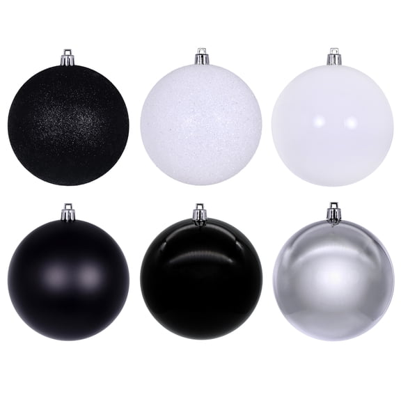 Vickerman 4" Black, White, and Silver Ornament Assortment, 18 per box.