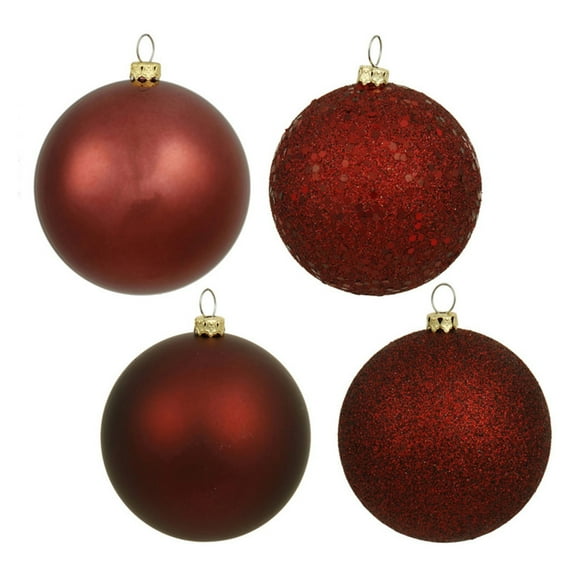 Vickerman 4" Burgundy 4-Finish Ball Ornament Assortment, Set of 12