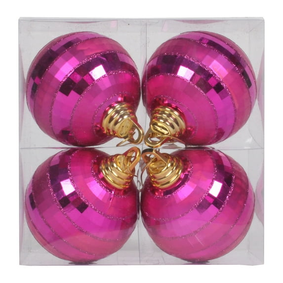 Vickerman 4" Cerise Shiny and Matte Mirror Ball Christmas Ornament with Glitter Accents, 4 per Box