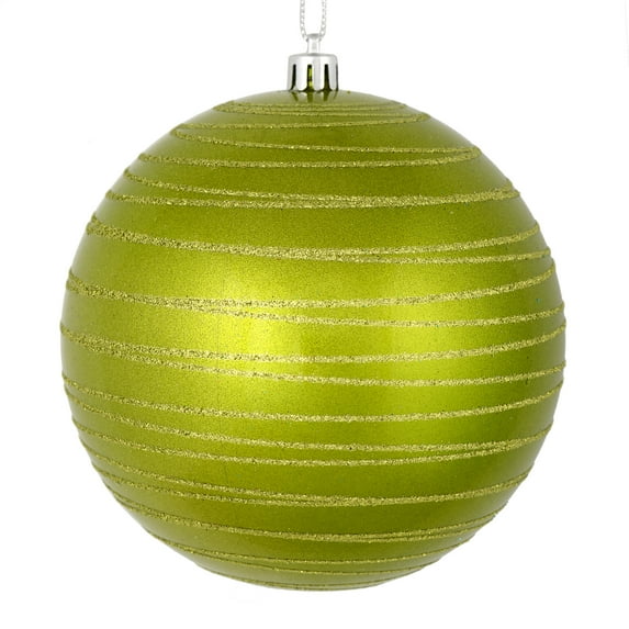 Vickerman 4" Lime Candy Finish Ball Ornament with Glitter Lines, 4 per Bag