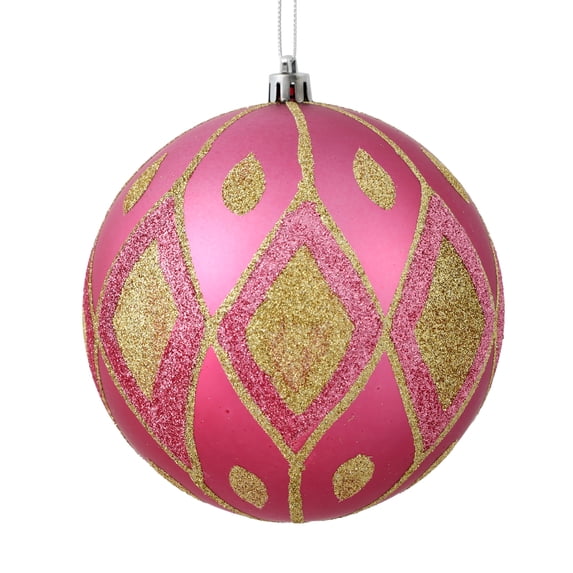 Vickerman 4" Mauve Matte Ball with Glitter Diamond Pattern. Add variety and sparkle to your holiday arrangement with this matte ornament that features a glitter pattern. Includes 4 pieces per bag. Mad