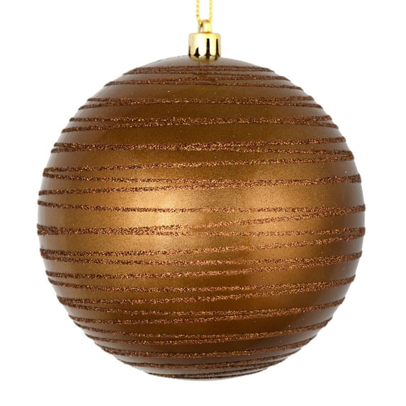 Vickerman 4" Mocha Candy Finish Ball Ornament with Glitter Lines, 4 per Bag