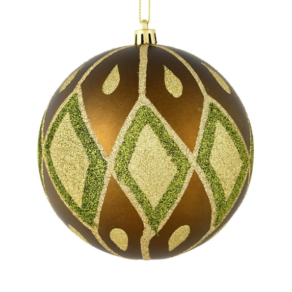 Vickerman 4" Olive Matte Ball with Glitter Diamond Pattern. Add variety and sparkle to your holiday arrangement with this matte ornament that features a glitter pattern. Includes 4 pieces per bag. Mad