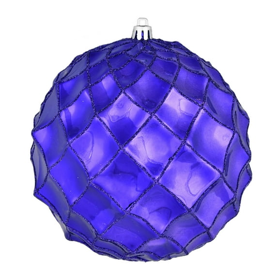 Vickerman 4" Purple Shiny Form Ball Drilled Wired 6/Bag. Add texture and shimmer to your holiday decorating projects with this geometric shaped ball. It features glitter accents along the edges of the