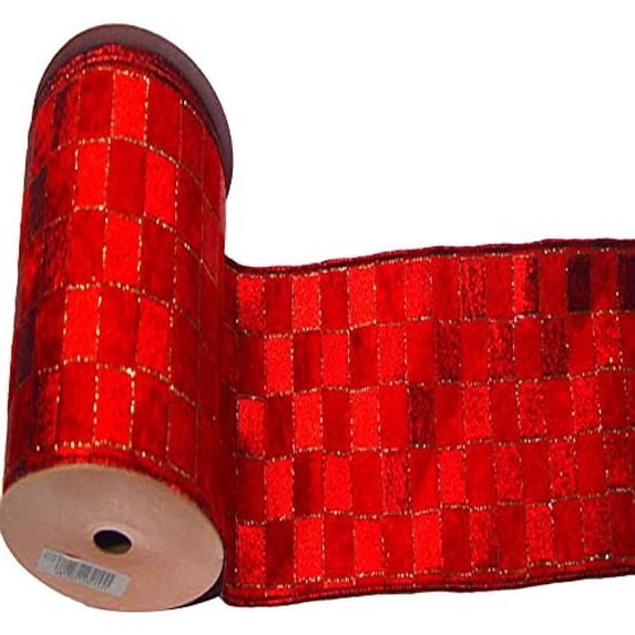 Vickerman 4" x 10yd Red-Red Check Gold Lame Ribbon