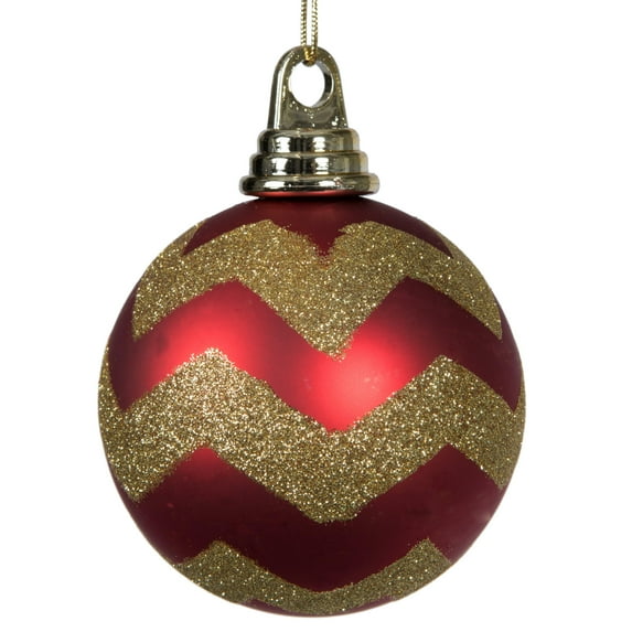 Vickerman 4" Red and Gold Matte Chevron Ball Christmas Ornament with Glitter Accents, 4 per Box