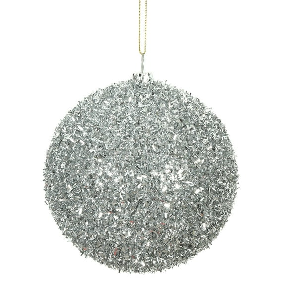 Vickerman 4" Silver Tinsel Ball Ornament, 4 per Bag