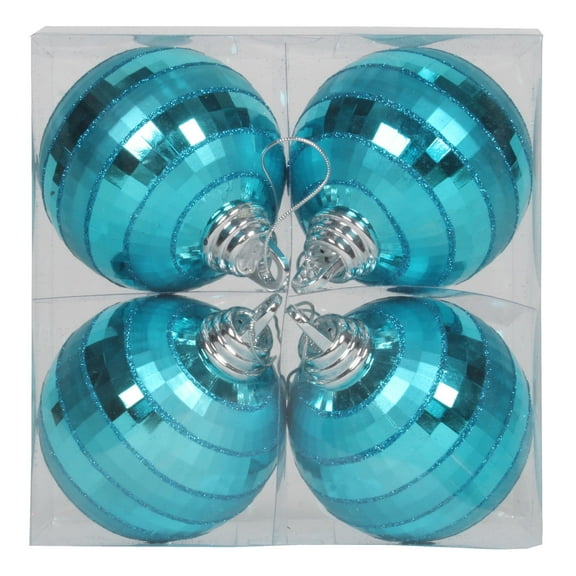 Vickerman 4" Turquoise Shiny and Matte Mirror Ball Christmas Ornament with Glitter Accents, 4 per Box