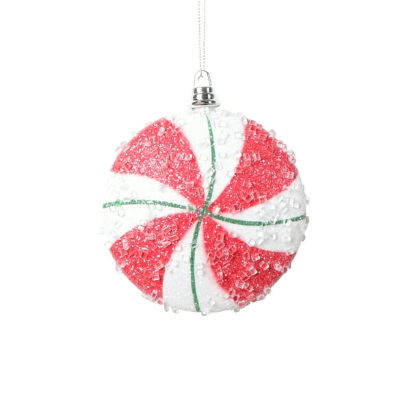 Vickerman 4" White Red Green Swirl Flat Ball Ornament, 4 per bag.