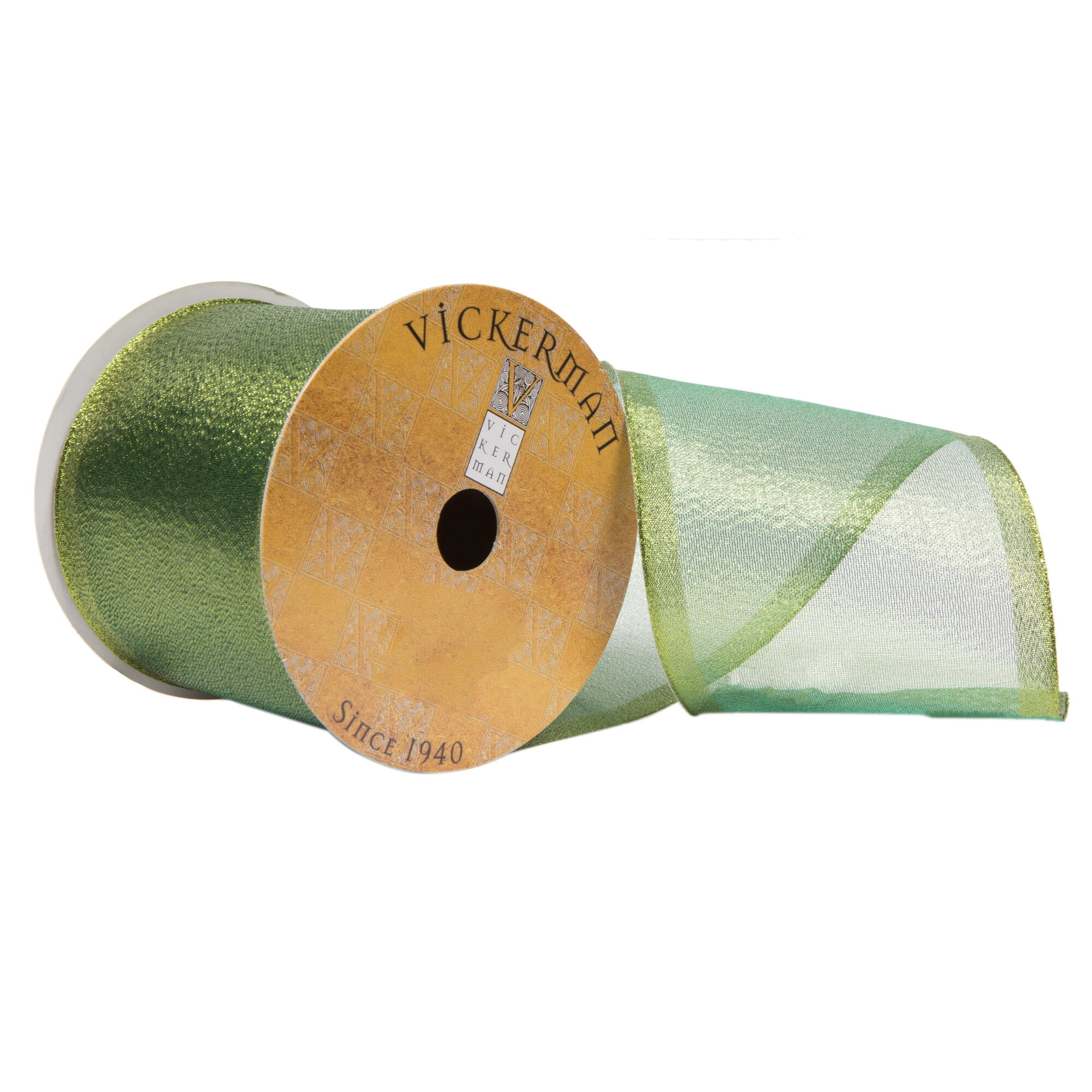 Vickerman 4" x 10 Yards Green-Gold Stripe Sheer Wired Edge Christmas Ribbon.
